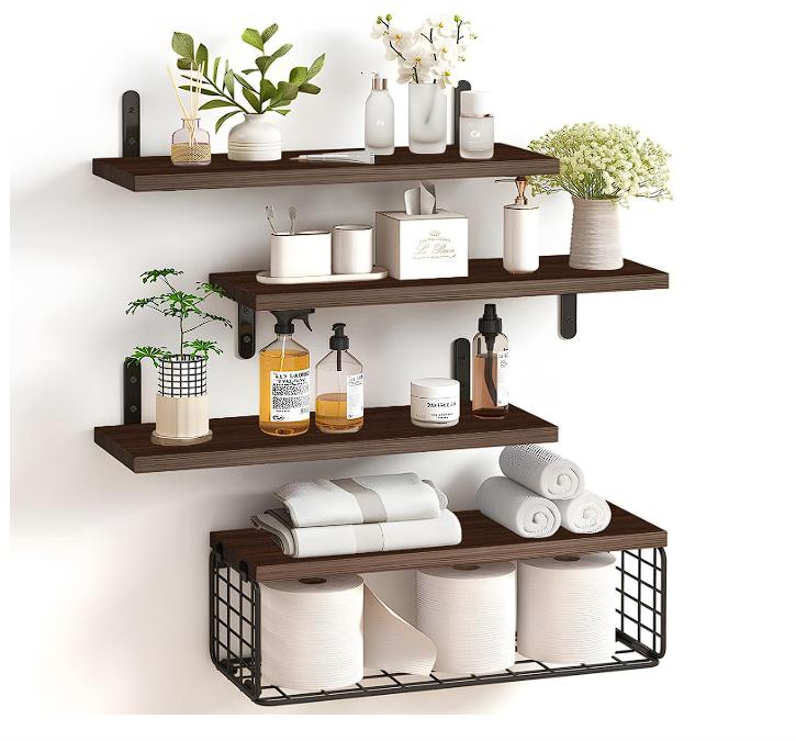 4Pcs Repisas para Baño,Estantes Flotantes con Cesta de Alambre y Valla Metálica