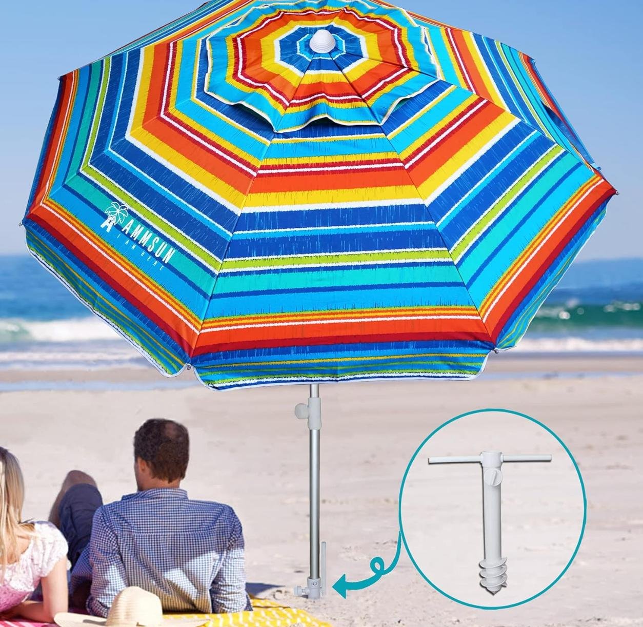 AMMSUN - Sombrillas de playa para arena resistente al viento, portátil de 6.5 pies con anclaje de ar