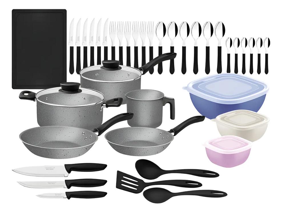 Batería De Cocina Antiadherente Tramontina Linz De Aluminio con 44 Piezas Color Gris