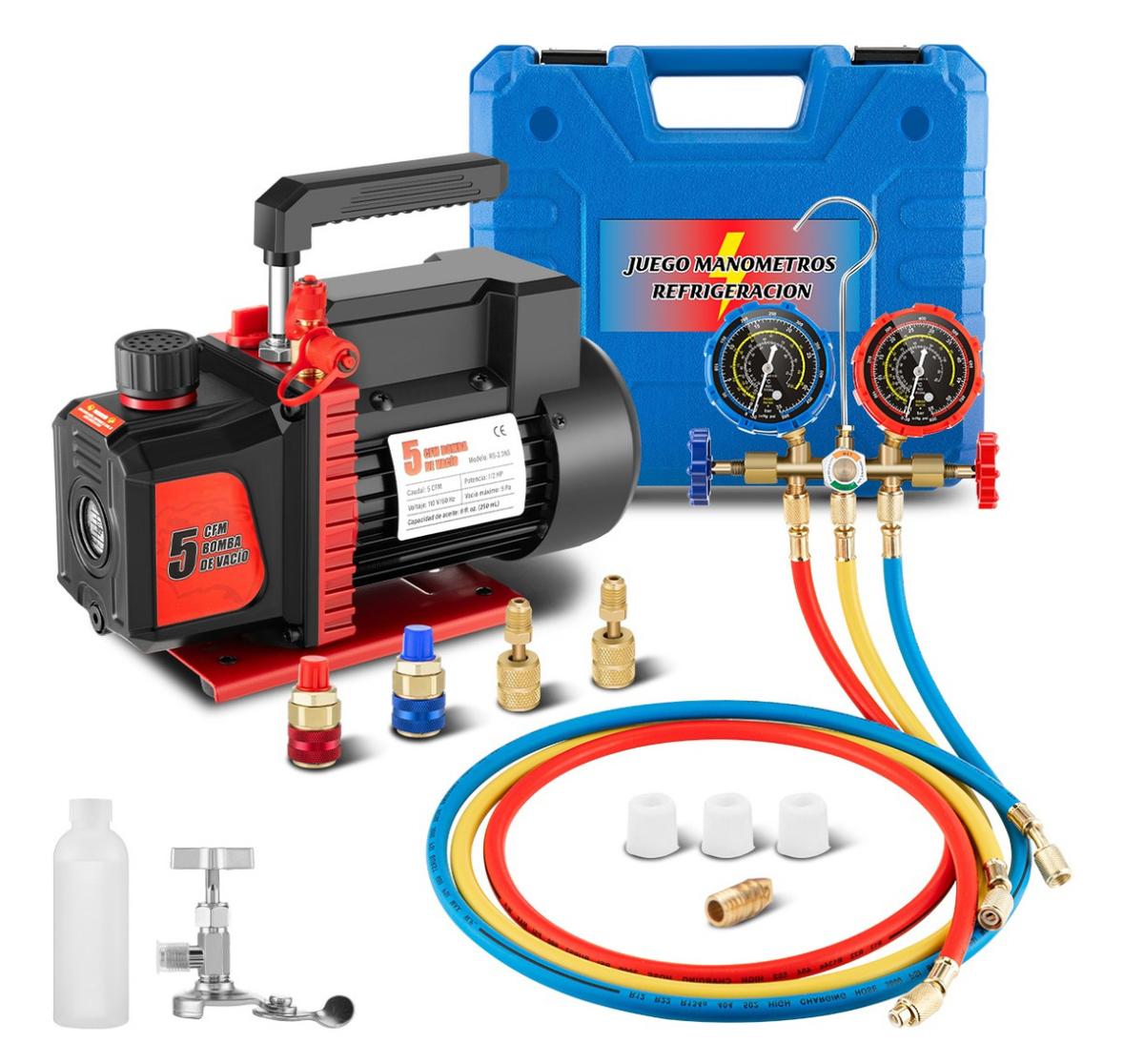 Bomba De Vacío 1/2hp 5cfm+kit Manómetro R134a R22 R410a R404