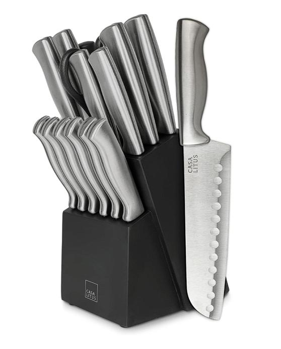 Casa Litus Cuchillos de Cocina de Acero Inoxidable (15 Piezas) con Base de Madera, Afilador y Tijera