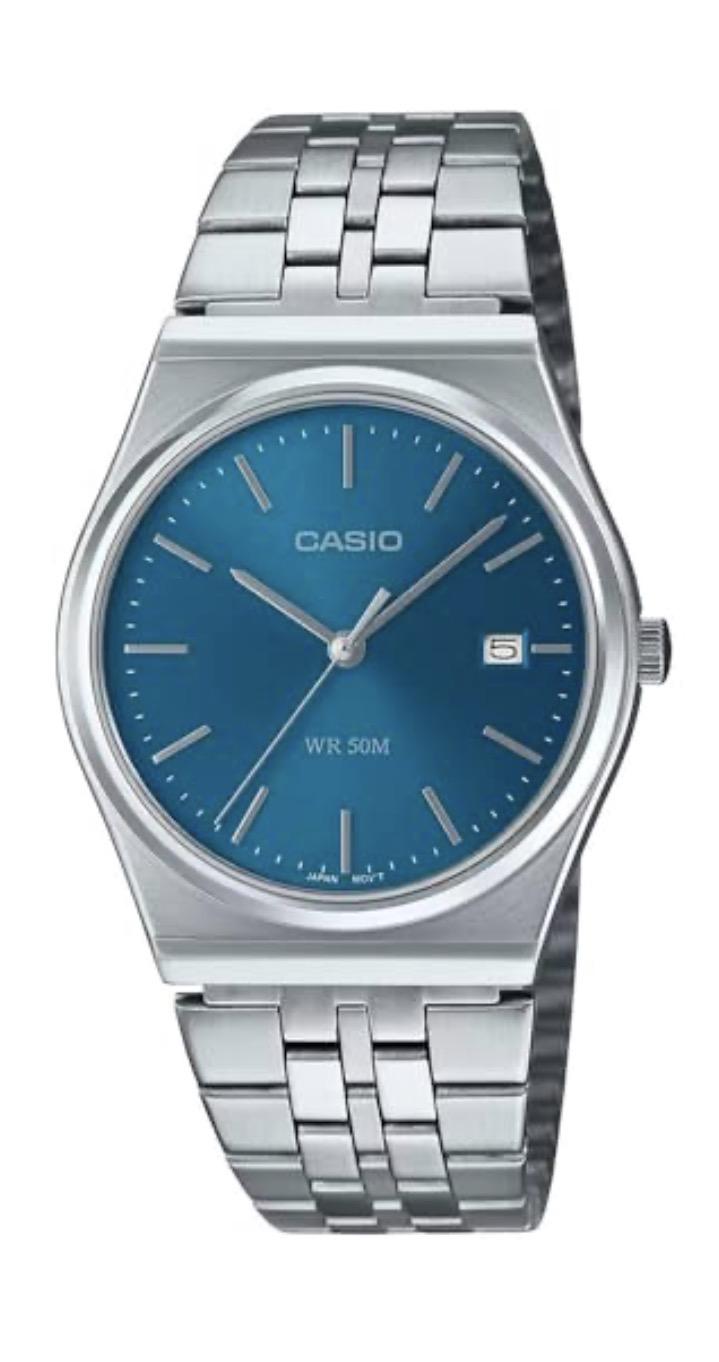 Casio MTP-B145D-2A2V Reloj analógico de 3 manos de acero inoxidable clásico para hombre, plateado, C