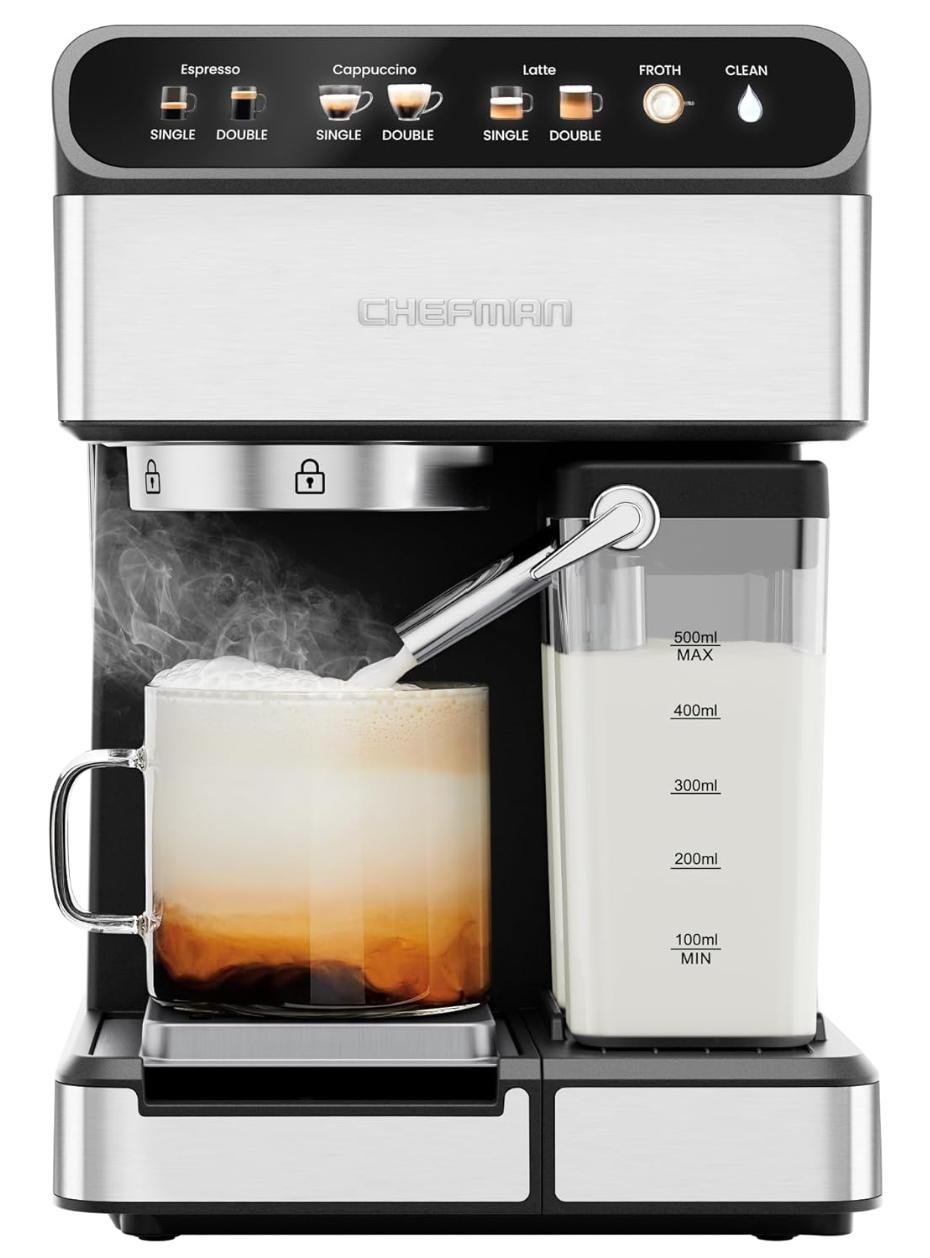 Chefman CaféMaster Pro - Máquina de café expreso para preparar una o dos tomas, cafetera con espumad