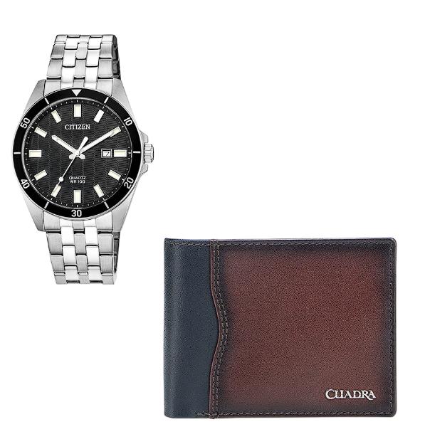 Combo Citizen Reloj de cuarzo para hombre, acero inoxidable + Cartera para Caballero Cuadra en Piel 
