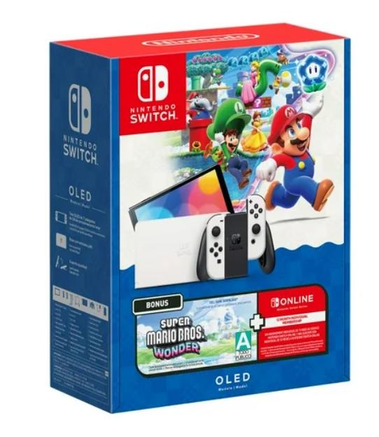 Combo Consola NINTENDO Switch Oled White + Mario Wonder + 64 GB + 12 Meses Nintendo Switch Online