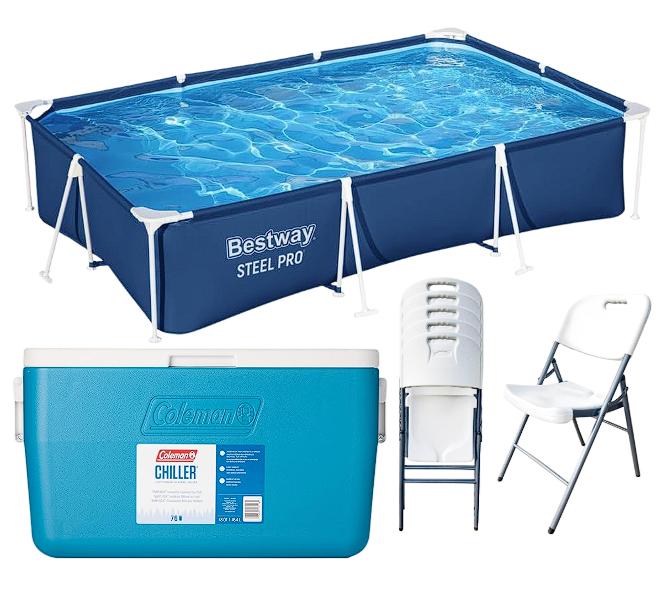 Combo Alberca Bestway Rectangular + Hielera Coleman 63 Latas + Set 6 Sillas Plegables De Plastico
