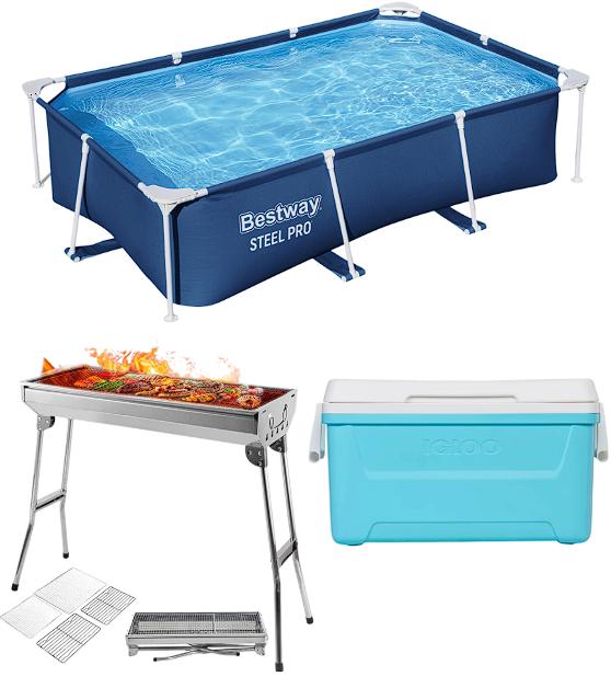 Combo Alberca Rectangular Bestway 1500 L + Asador De Carbó De Acero Inox + Hielera Igloo 76 Latas
