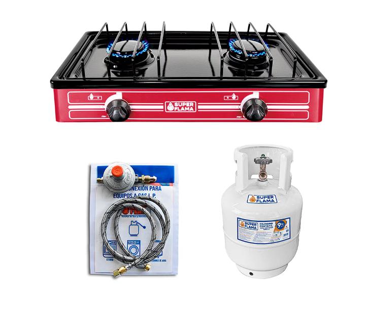 Combo Super Flama PRACTI FLAMA Parrilla De Gas LP De 2 Quemadores con Tanque De Gas 10 Kg y Kit de I
