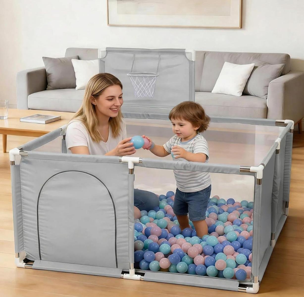 Corral para Bebe, 120 * 120cm Juego de Parque Infantil, Incluye Cesta, Tejido de Malla Transpirable 