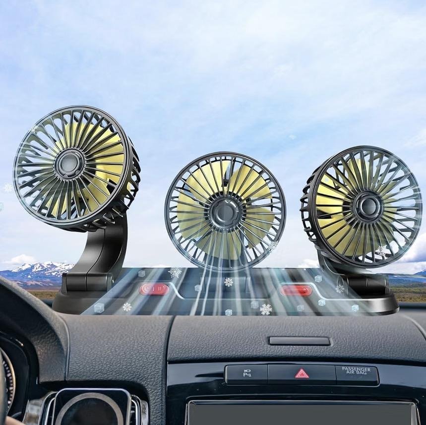 Crethinkaty Ventilador de tres cabezales de refrigeración de coche de 12 V, rotación de 360°, ajusta