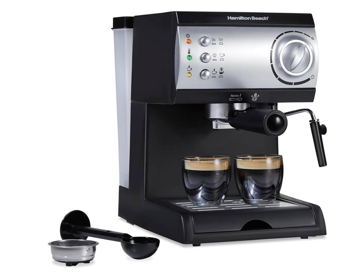 Hamilton Beach 40715 Cafetera Espresso, 2 Tazas, Cappuccino, Mocha y Latte, 15 Bares, Negro y Plata