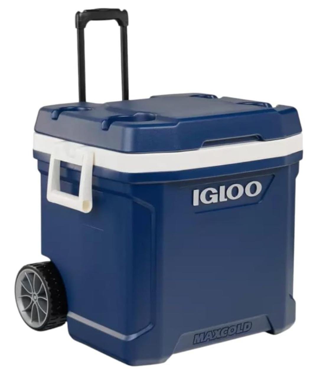Hielera con Ruedas Igloo De 58 litros 98 Latas Hielo hasta 4 Dias con Portavasos Y Ruedas De Alta Du