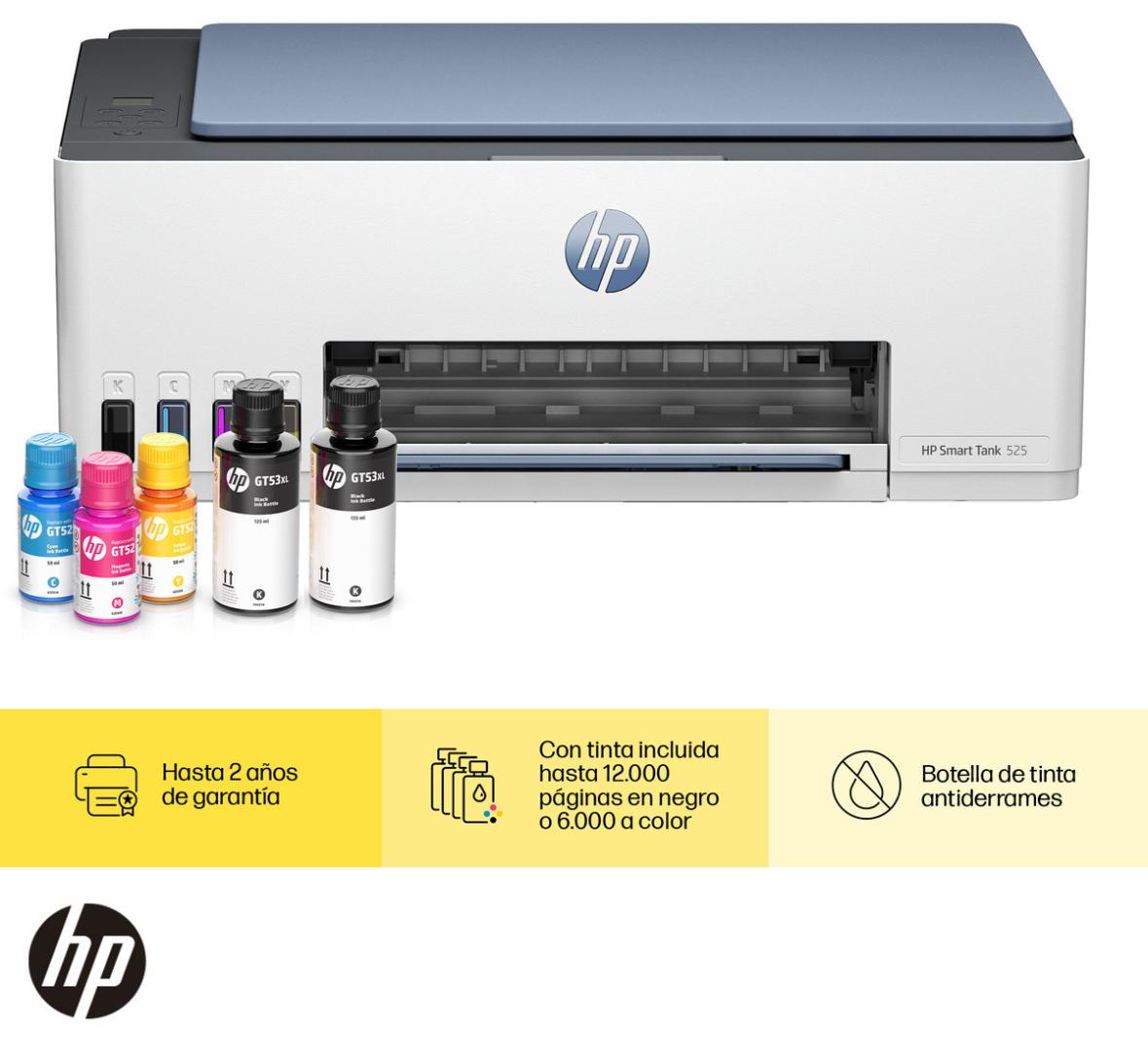 Impresora Multifuncional HP Smart Tank 525, Tinta Continua, Color, Copia, Escaner (1F3W3A)