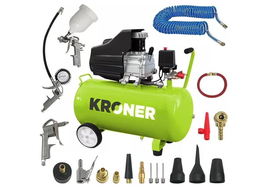 Kroner Compresor de Aire 50 Litros 2.5 HP – Kit de Pintura con Pistola, Manguera y Accesorios, 8 Bar