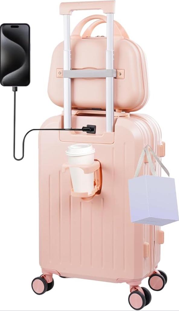 Maletas de Viaje, 20" y 14", Juego de Equipaje con Portavasos, Puerto de Carga y Práctico Gancho