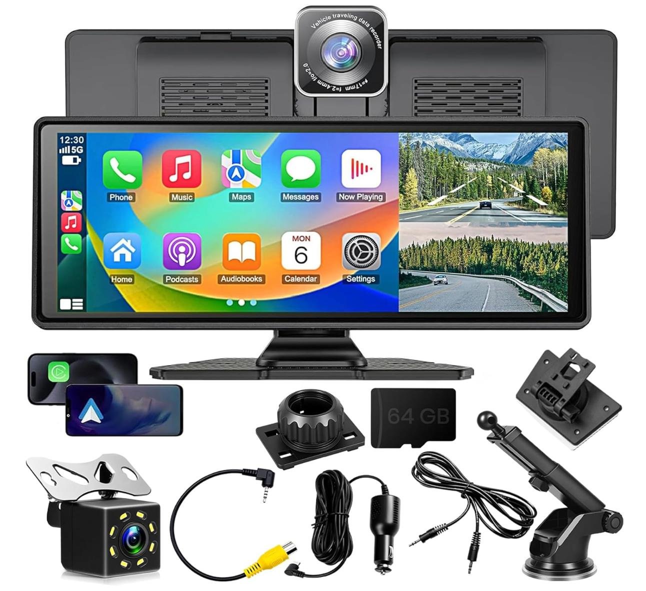 Pantalla Carplay para Auto 10.26in HD Táctil con Tarjeta de 64G,Cámara Frontal 4K y Trasera 1080P,Es