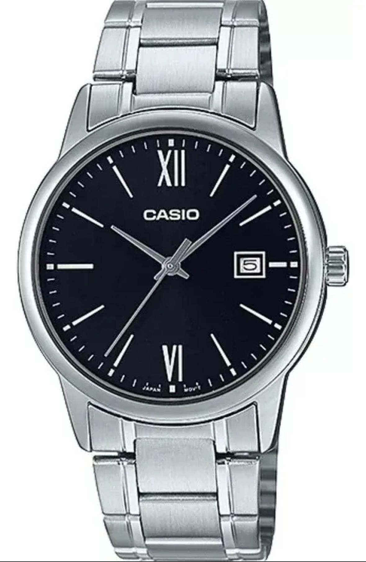 Reloj Casio Mtpv002 1b3 Hombre Acero Negro Fechador Correa Plateado