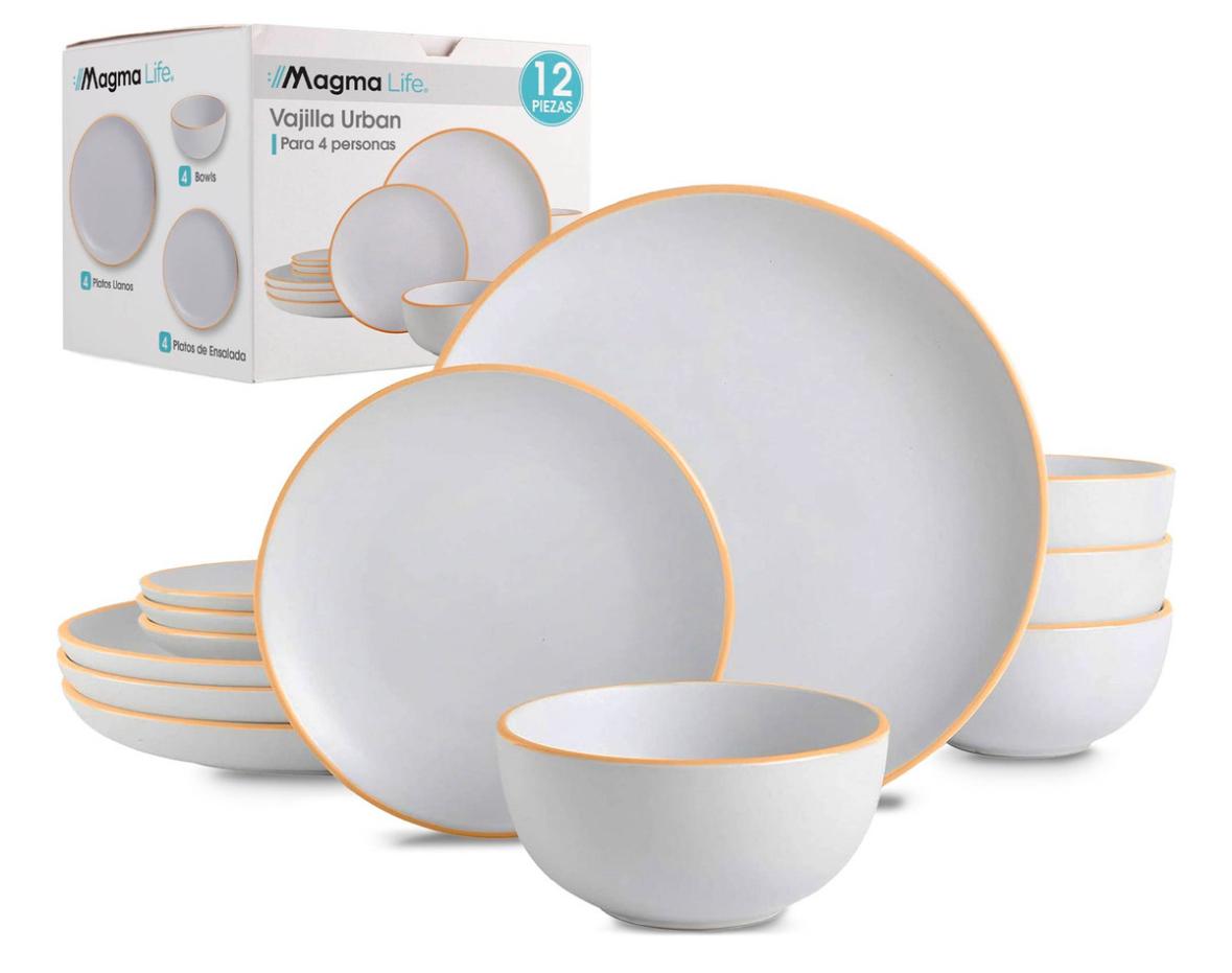 Vajilla Moderna De Stoneware Cerámica Blanca Con Borde Naranja Magma Life 12 Piezas Para 4 Personas