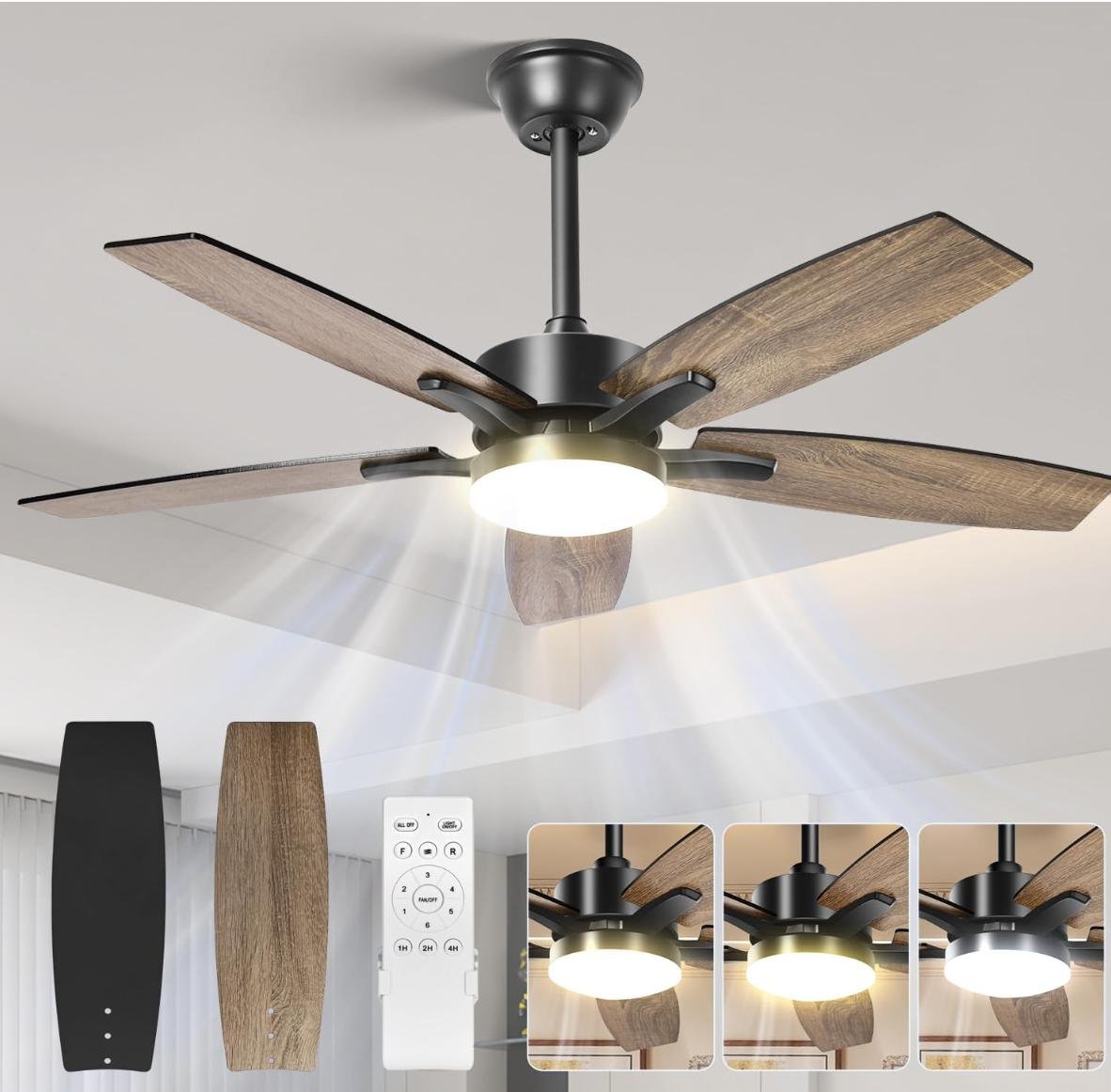 Ventilador de Techo con Luz de 42 Pulgadas, 107 cm Abanico De Techo, Abanicos de Techo Control Remot