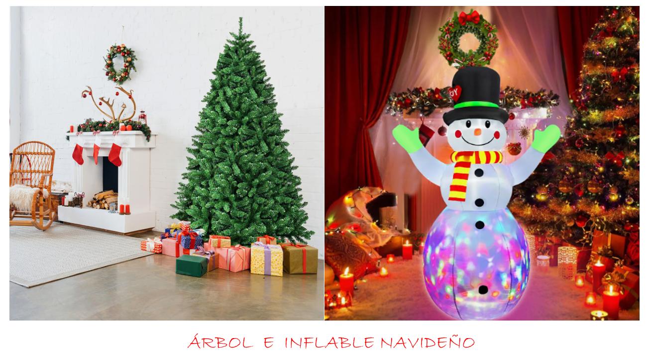 Árbol De Navidad Artificial 1.8m + Inflable Navideño Muñeco Nieve Gigante 2.2m