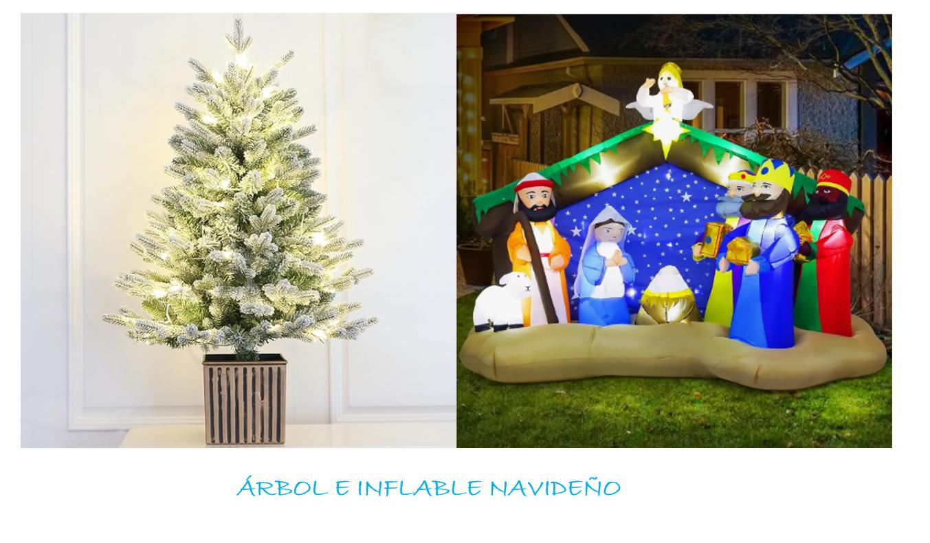 Árbol de Navidad en maceta de 3 pies de abeto flocado + Inflable de Nacimiento2.4m